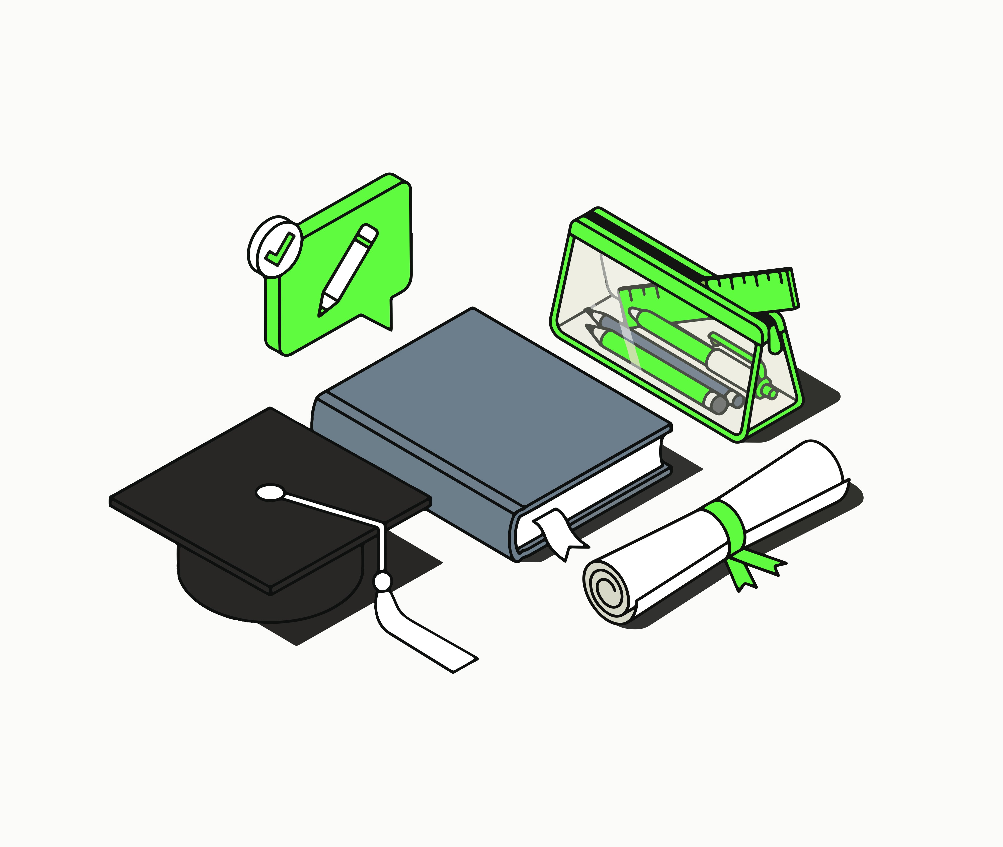 Illustration of books, a graduation cap, and study supplies.