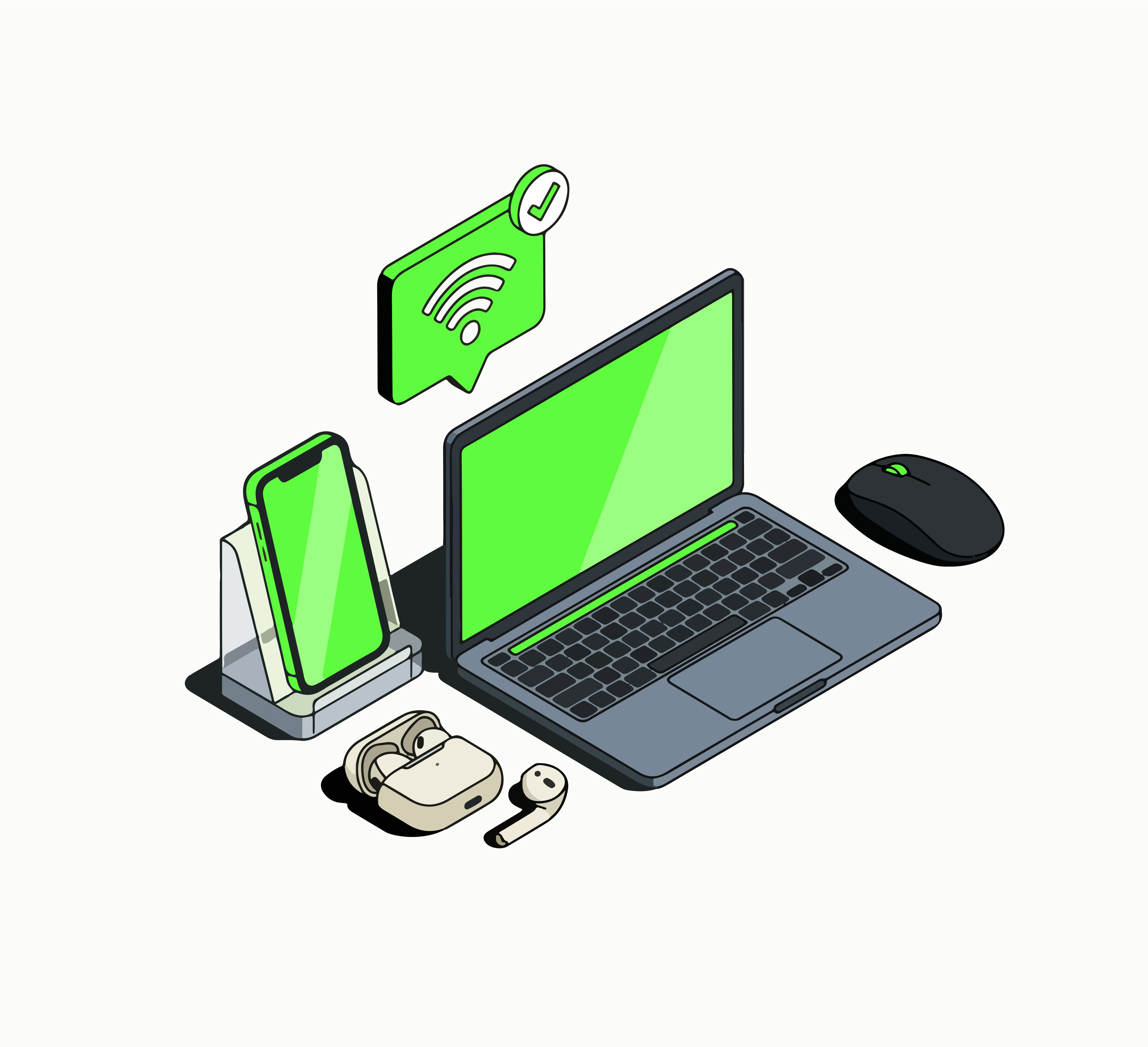 illustration showing computer, phone and earphones. 
