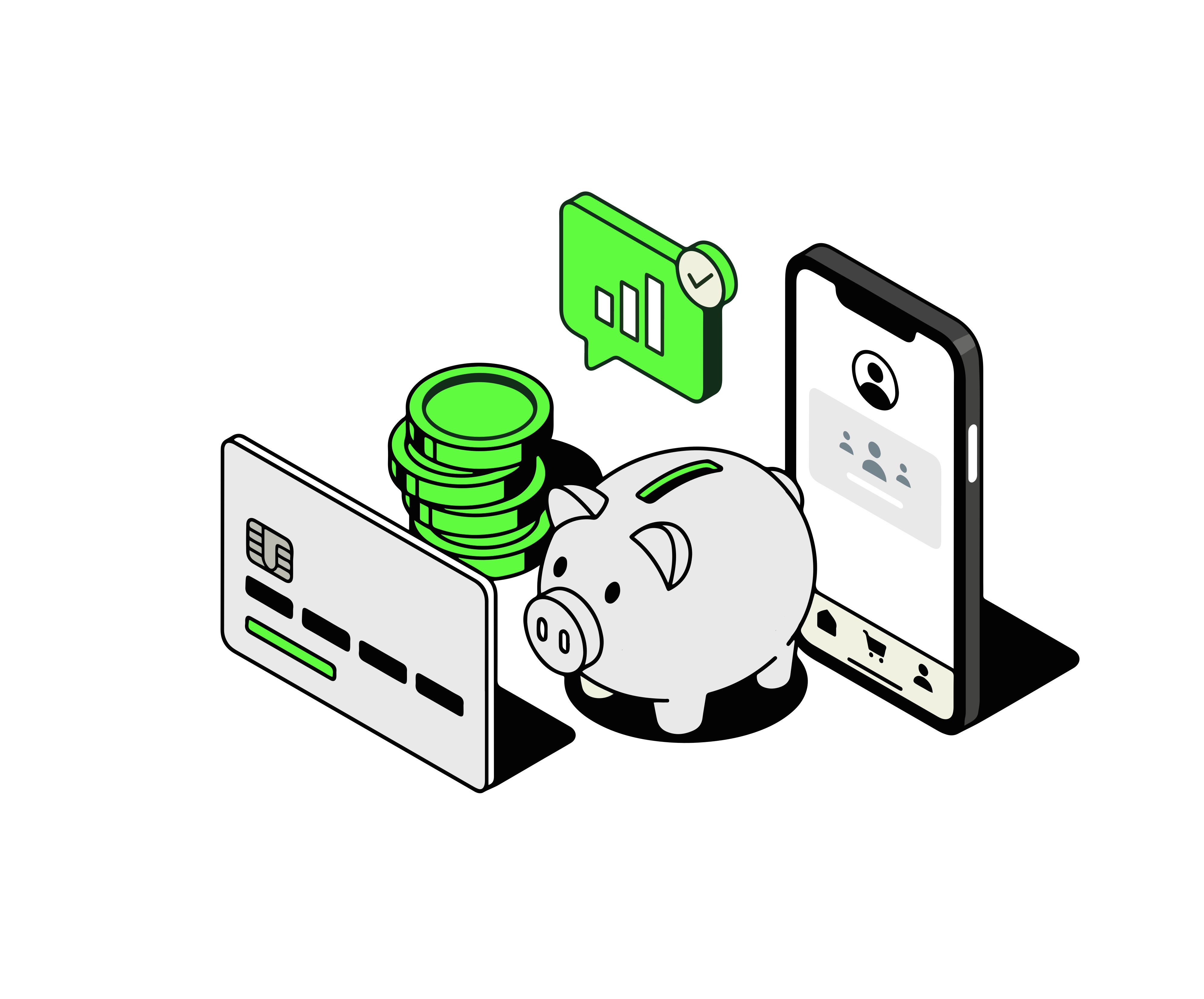 An illustration of a piggy bank, cash money, credit card and a phone. 