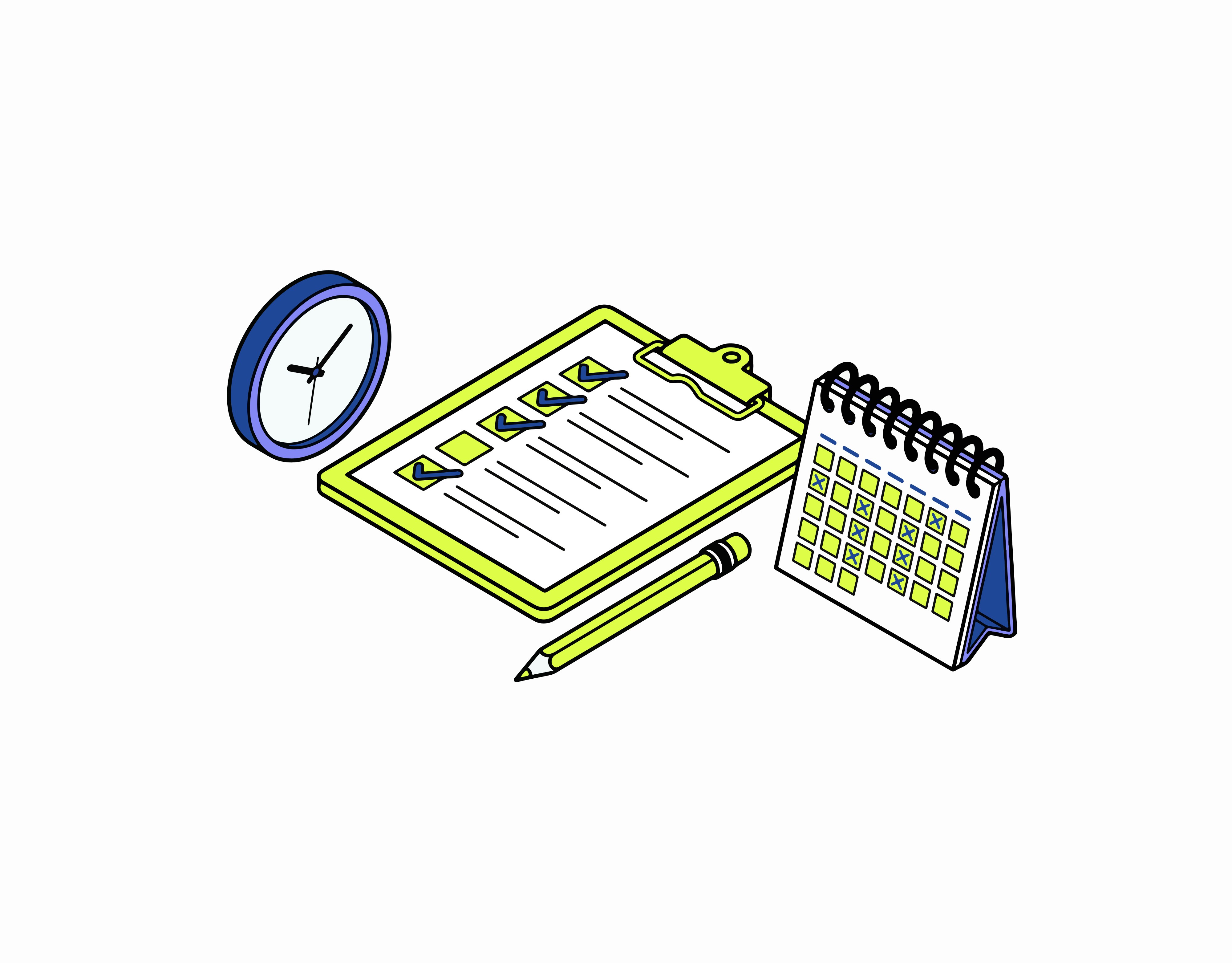 An illustration of a clock, calendar, and notebook