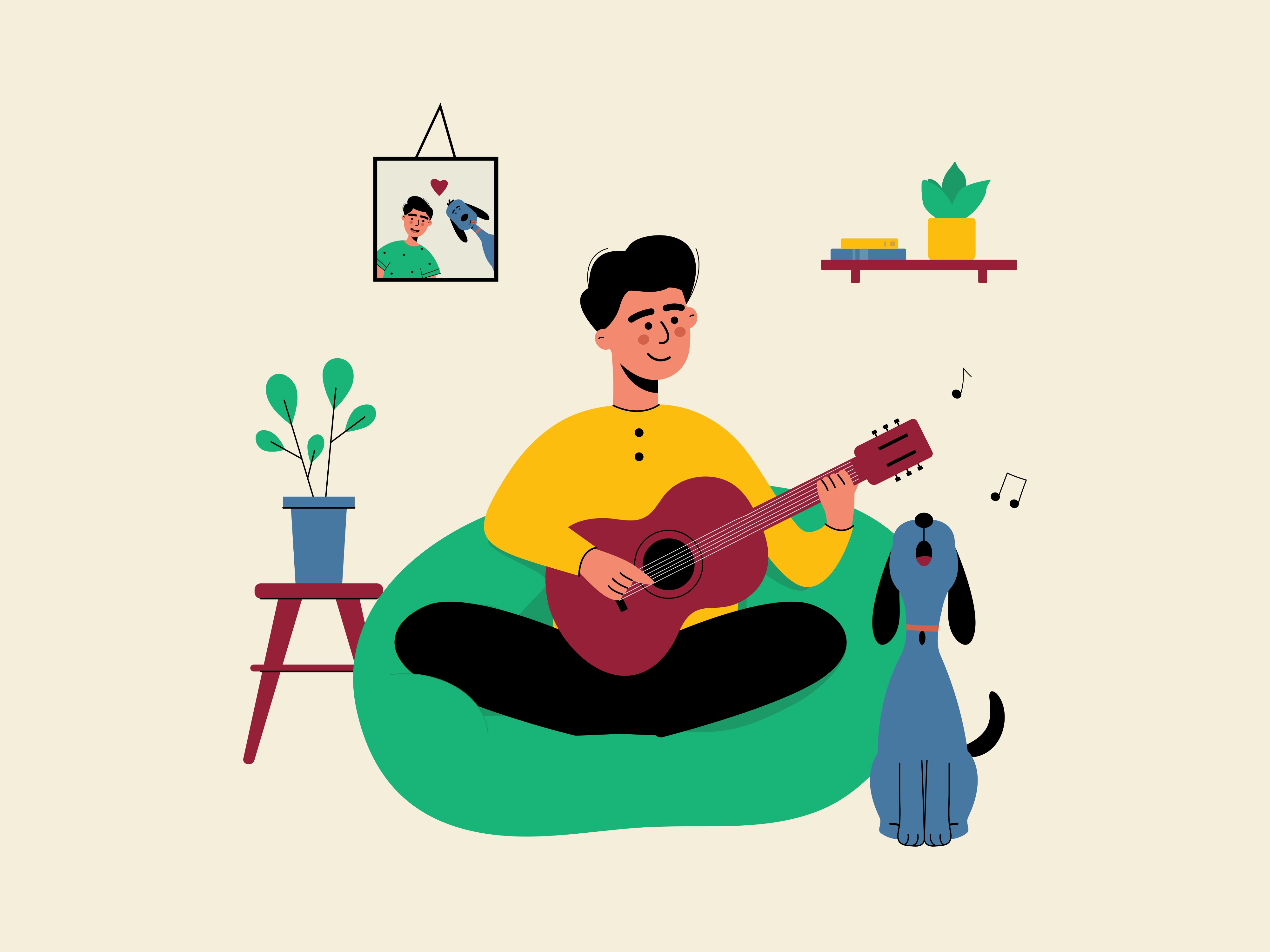 A man plays guitar while his dog listens