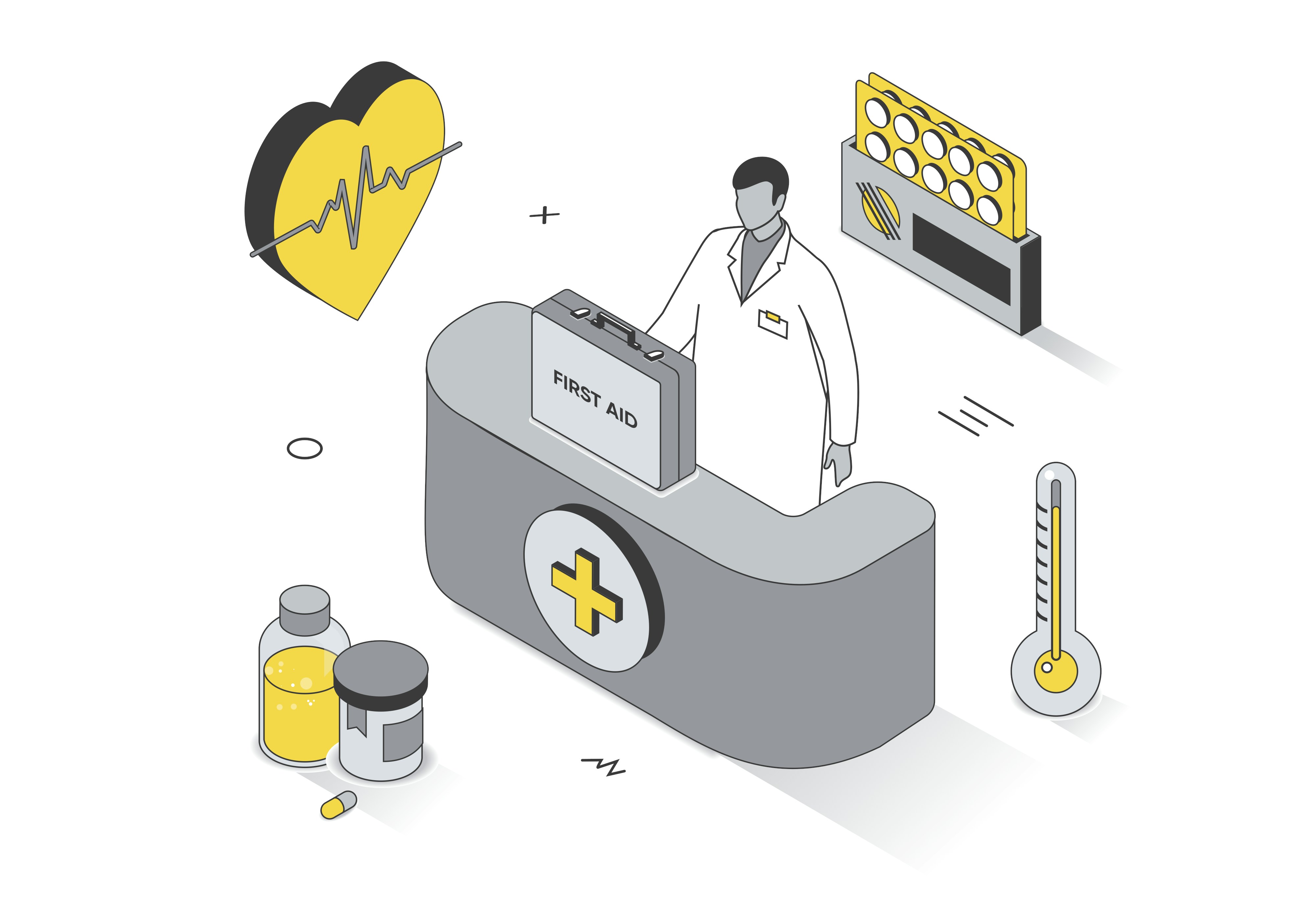 Illustration of a healthcare professional behind a medical desk with health and first aid icons.